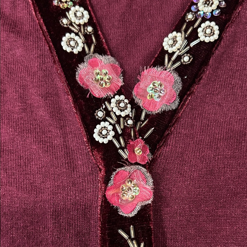Vintage Burgundy Floral Beaded Velvet Trim Cardigan snap buttons Size S - Picture 5 of 7